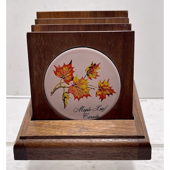Vintage  Midcentury Modern Walnut Coaster Caddy w/ Enameled Maple Leaf - Picture 1 of 9